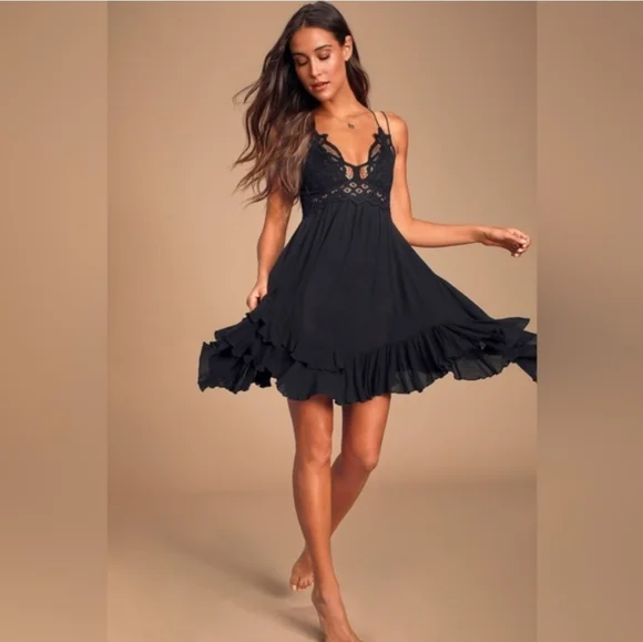 Free People One Adella Slip Dress Black Lace Mini XS Boho Festival Ruffle Hem - Picture 1 of 15